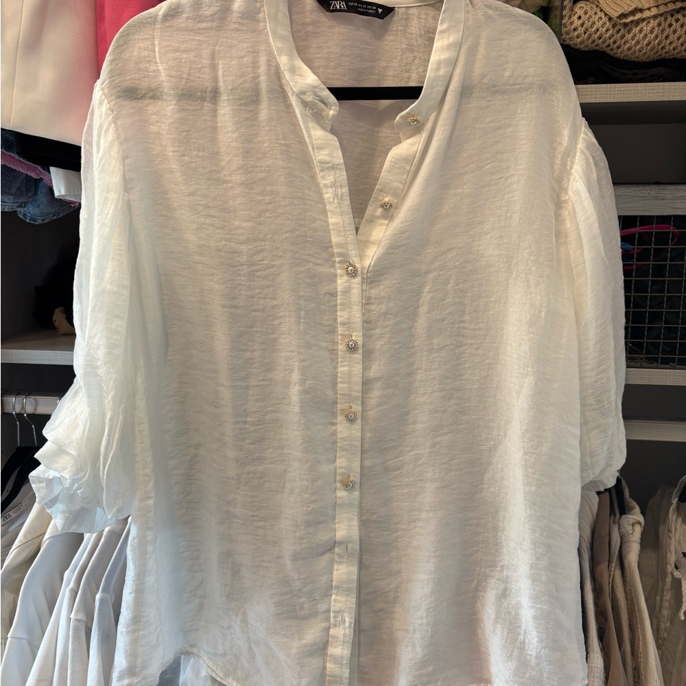 Zara White 3/4 Sleeve Button Down Shirt with Mandarin Collar